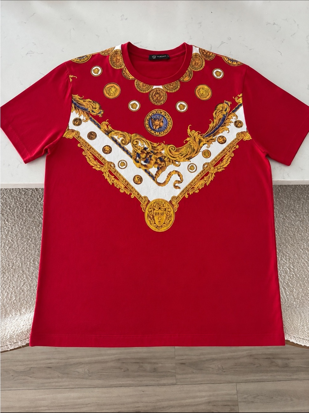 New Versace Red Tee with Ornate Gold Medallion Motif